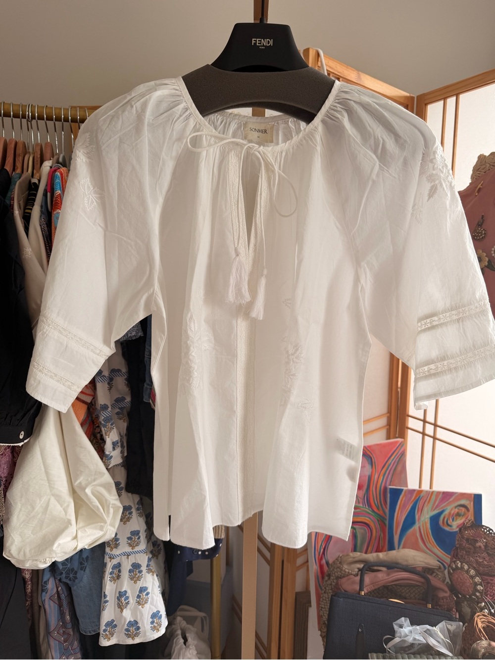 NWT Sonmer White Embroidered Cotton Peasant Boho Blouse Tassel Tie